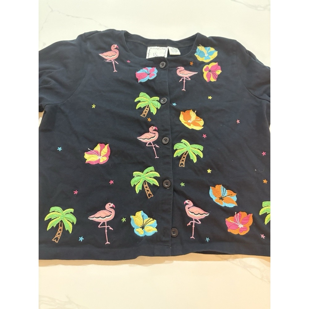 Michael Simon Sweater Womens M Flamingo Palm Tropical Embroidered Cardigan